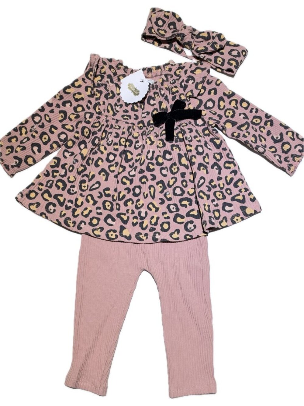 Mud Pie leopard tunic leggings set Pink Black 3m 6m NWT ribbed ruffle velvet bow